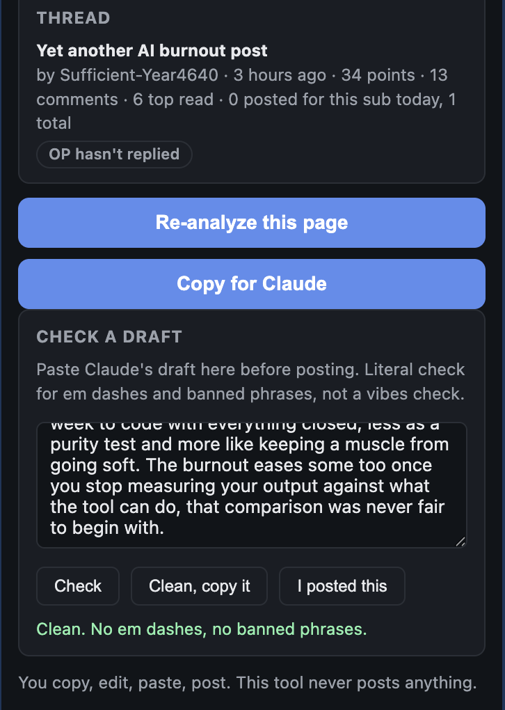 Reinly checking a draft for em dashes, AI phrases, and rule violations before you post