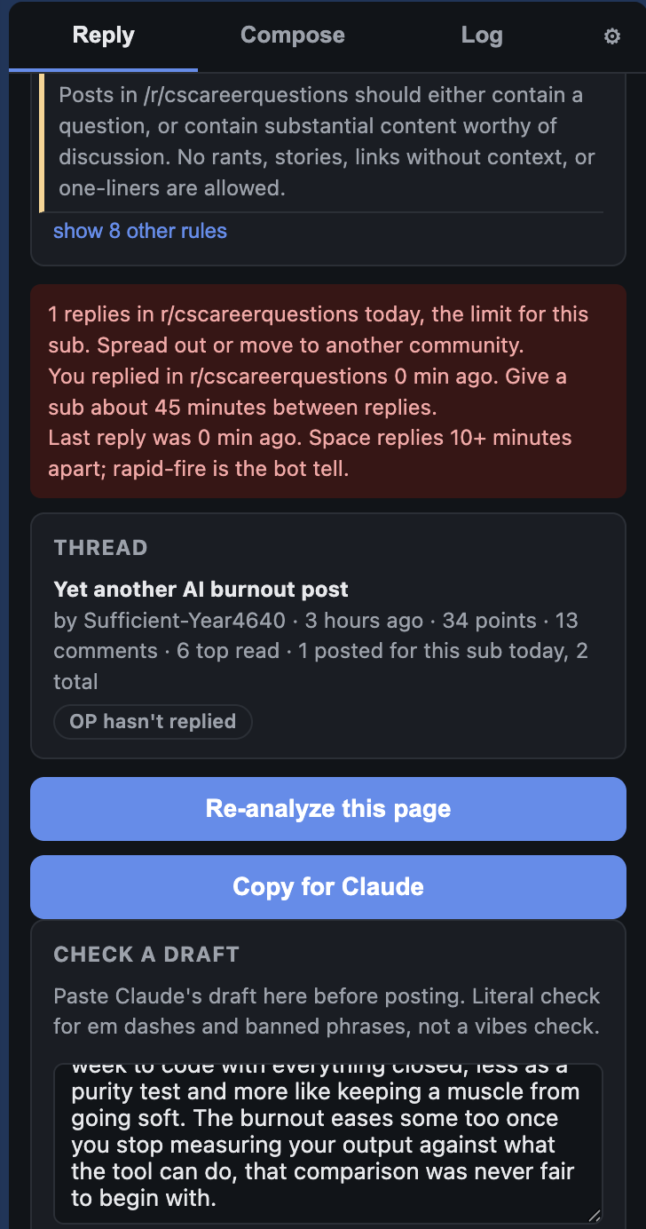 Reinly warning you that you've hit a subreddit's daily limit and to space your replies out